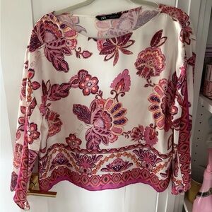 Zara Womens Size L Scarf Design Crop Blouse Long Sleeves Round Neck